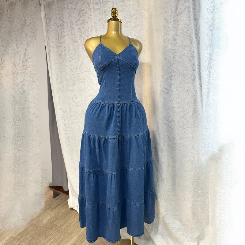Mulheres com decote em v halter elegante denim vestido longo cintura alta ruched férias sexy festa noite streetwear em camadas maxi vestidos 2025