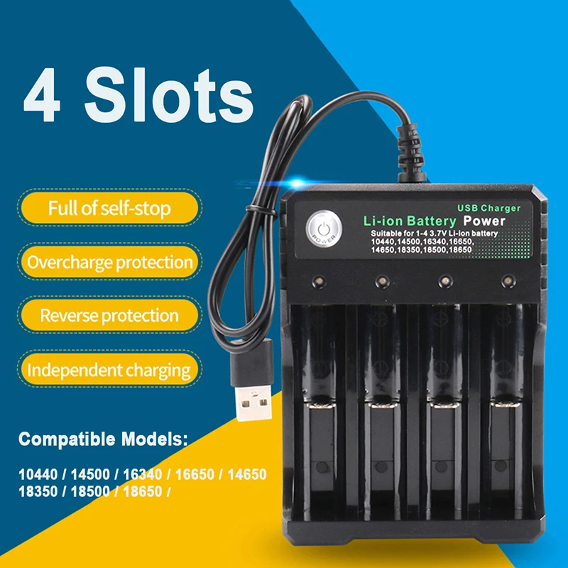 4 Slot 18650 Battery Charger Black 2X 3X 4X Slots AC 110V 220V Dual For 18650 Charging 3.7V Rechargeable Lithium Battery Charger