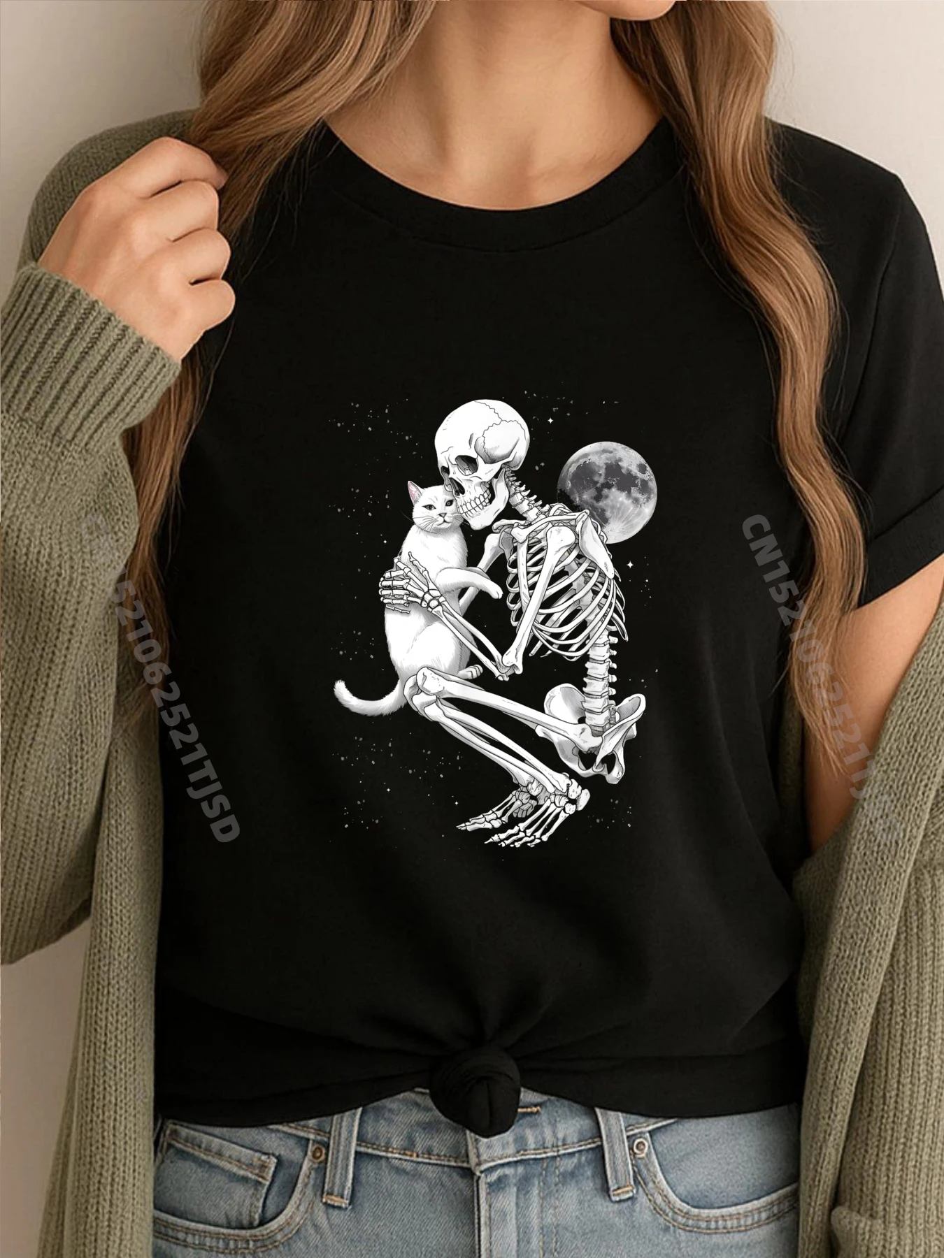

Скелет, кошка, череп, котенок, милые готические Хэллоуин, черные футболки с рисунком, женская футболка с принтом, винтажная
