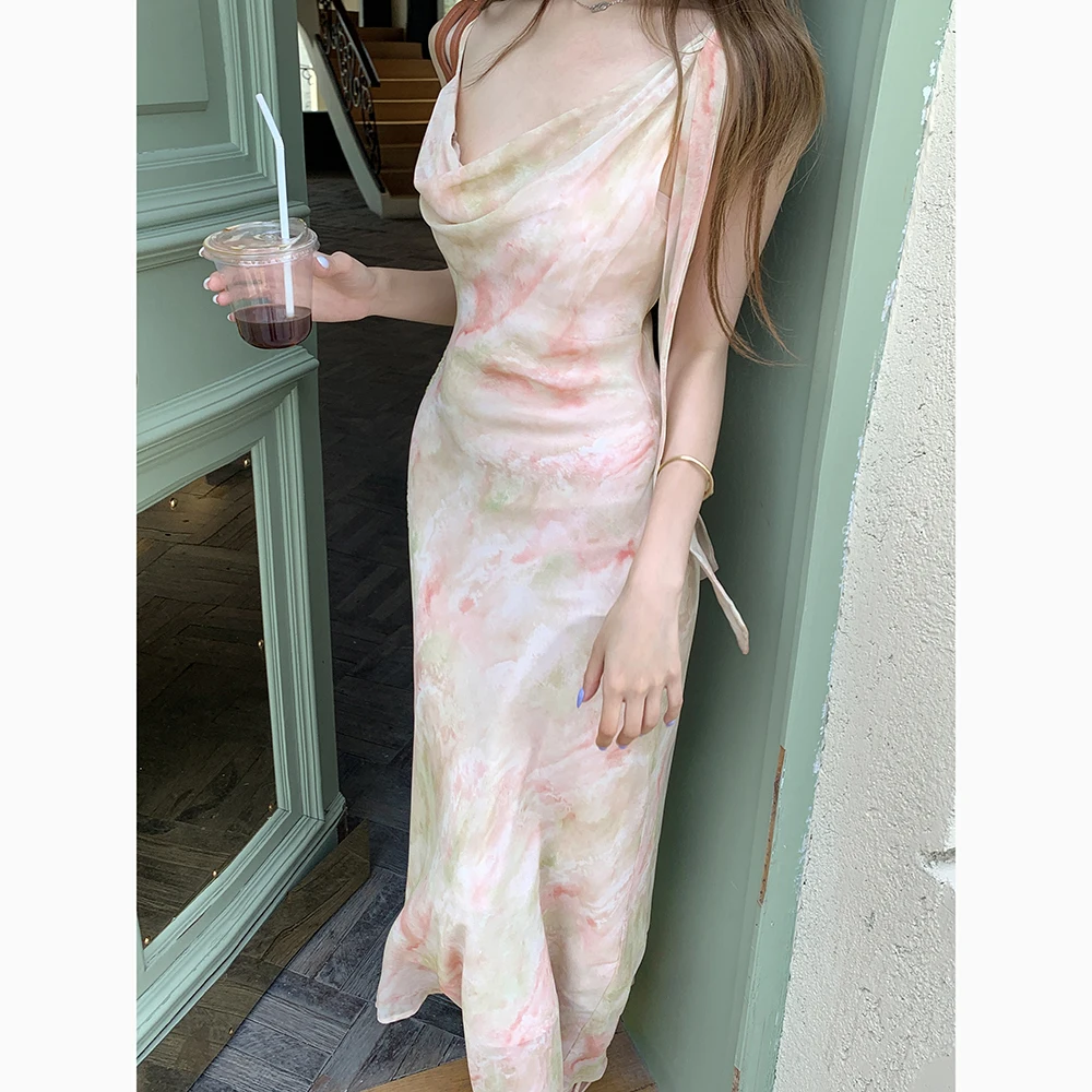 

FINEWORDS Women Pink Watercolor Print Dress Summer Cowl Neck Spaghetti Strap Chiffon Long Dress Elegant Casual Beach Sundress