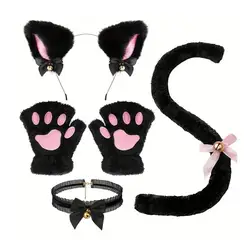 Cosplay Kedi Kostüm Seti Peluş Kedi Kostüm Aksesuarları Seti Kafa Bandı ile Kolye Eldiven Kuyruk Cosplay Kedi Kulak Çan Pençe Elbise için