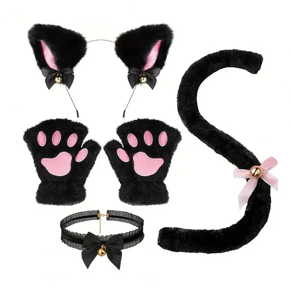 Cosplay Cat Costume Kit Plush Cat Costume Accessories Set with Headband Necklace Gloves Tail Cosplay Cat Ear Bell Claw for Dress