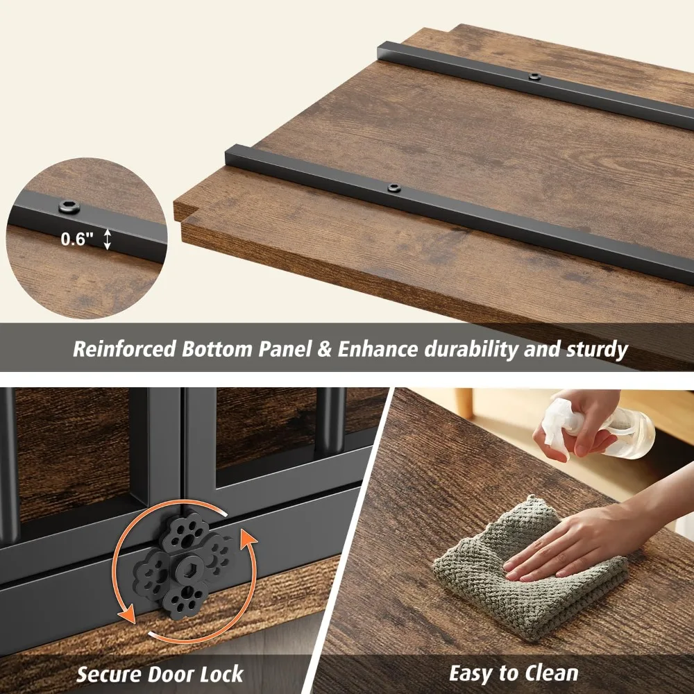 بيت كلب خشبي مقاس 37.7 بوصة داخلي مع 360 درجة °   وعاء تغذية بارتفاع دوار وقابل للتعديل، قفص كلب للطاولة ذو نهاية جانبية شديدة التحمل