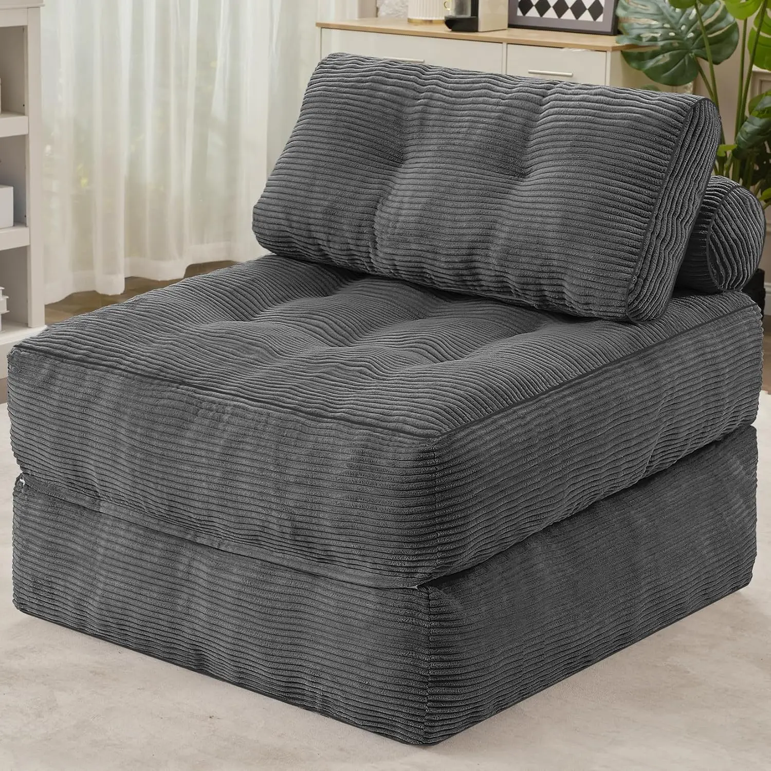 

Convertible Sleeper Chair Bed with Pillows & Handle, Foldable Floor Sofa for Living Room, Bedroom, Office, Single, Grey