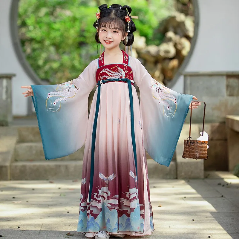 

Ancient Chinese Costume Child Embroidered Phoenix Dress Cosplay Chinese Traditional Hanfu Folk Dance Performance Clothing