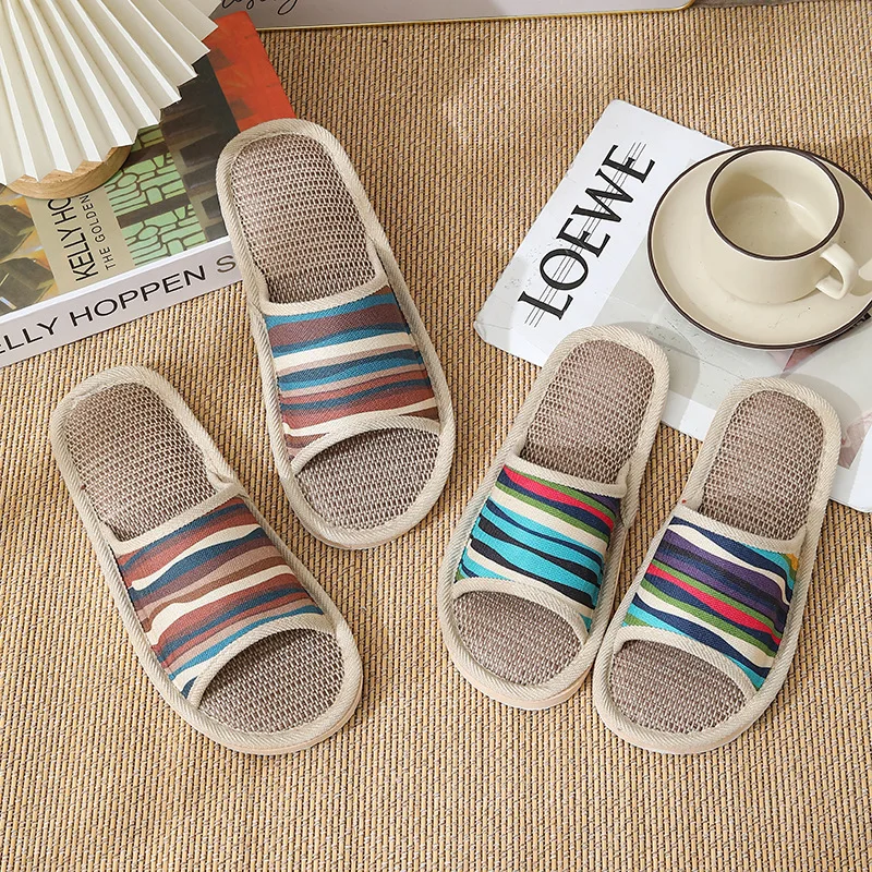 Four Season Couple's Multicolor Linen Slippers Women Indoor Striped Non-Slip Sandals Men Comfort Indoor Floor Breathable Slides