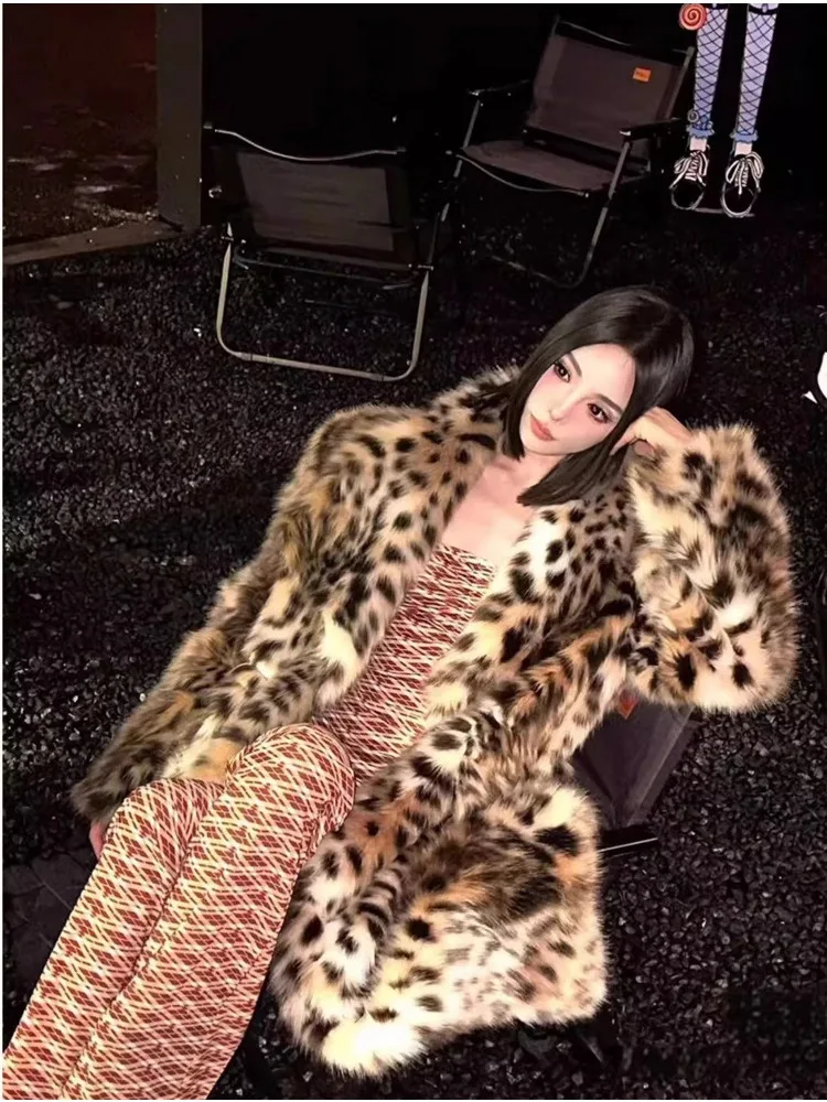 Luxury Vintage Harajuku Leopard Print Long Faux Fur Coat Women's Warm Winter Fur Trench Coat Thick Lapel Trendy Long Jacket Chic