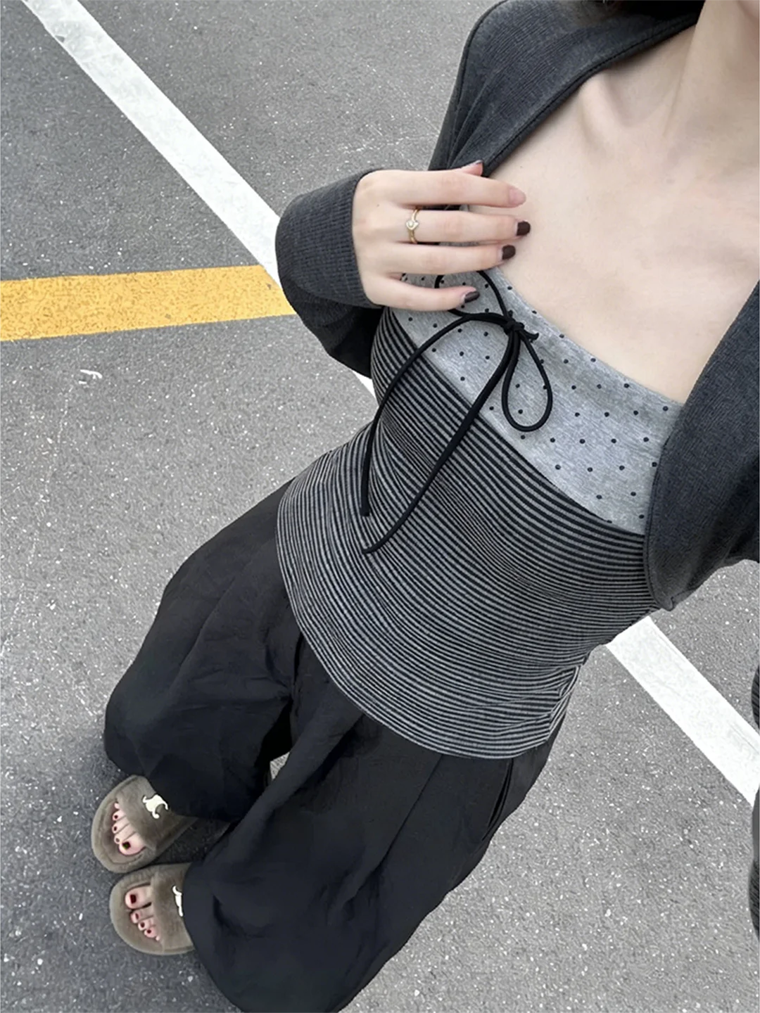 تي شيرت نسائي كوري Sle طويل Sve بتصميم شتوي بقصة ضيقة مع عقدة شريطية ناعمة ومريحة ومتعددة الاستخدامات