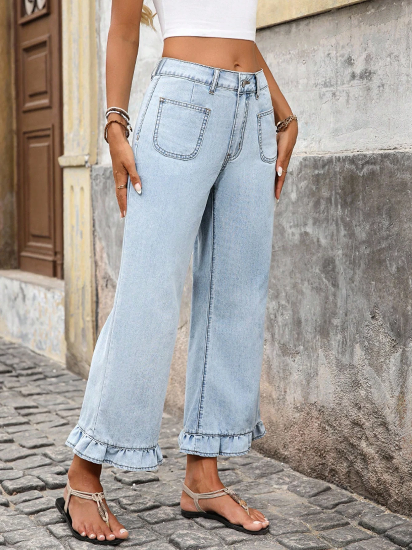 Women Popular Vacation Style Elastic Denim Jeans With Ruffled Hem Slim Casual Daily Holiday Trousers