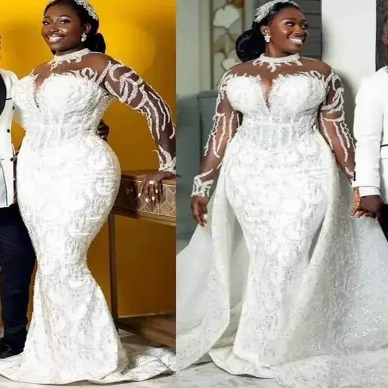 Customized Plus Size White Mermaid Wedding Dresses Luxury Long Sleeves Plus Size Lace Beaded Bridal Gowns Robe De Marriage