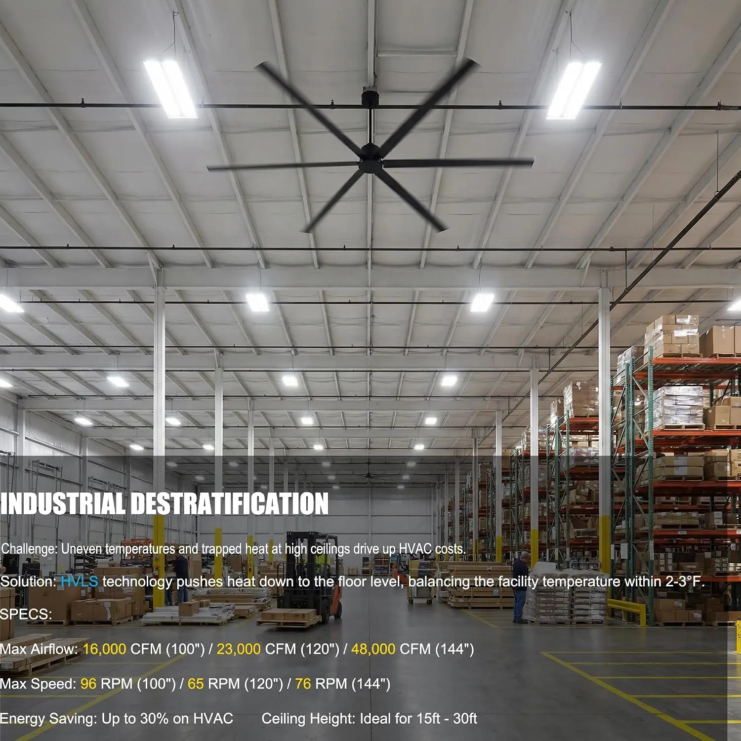 144 Inch (12 Ft) HVLS Commercial Ceiling Fan, Large Industrial Fan with 130W Ultimate Power DC Motor, 6 Aluminum Blades, 10-Year Warranty, for Hangar, Workshop, Cattle Farm and Mall