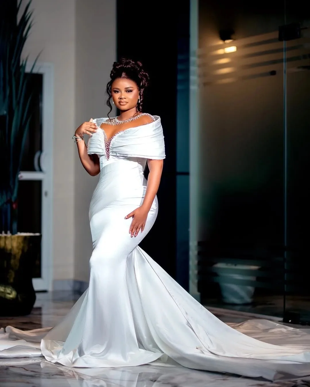 تخصيص زائد الحجم حورية البحر الأفريقية فستان الزفاف أثواب الزفاف العروس الوهم شير اللؤلؤ قبالة الكتف مطرز الدانتيل #3