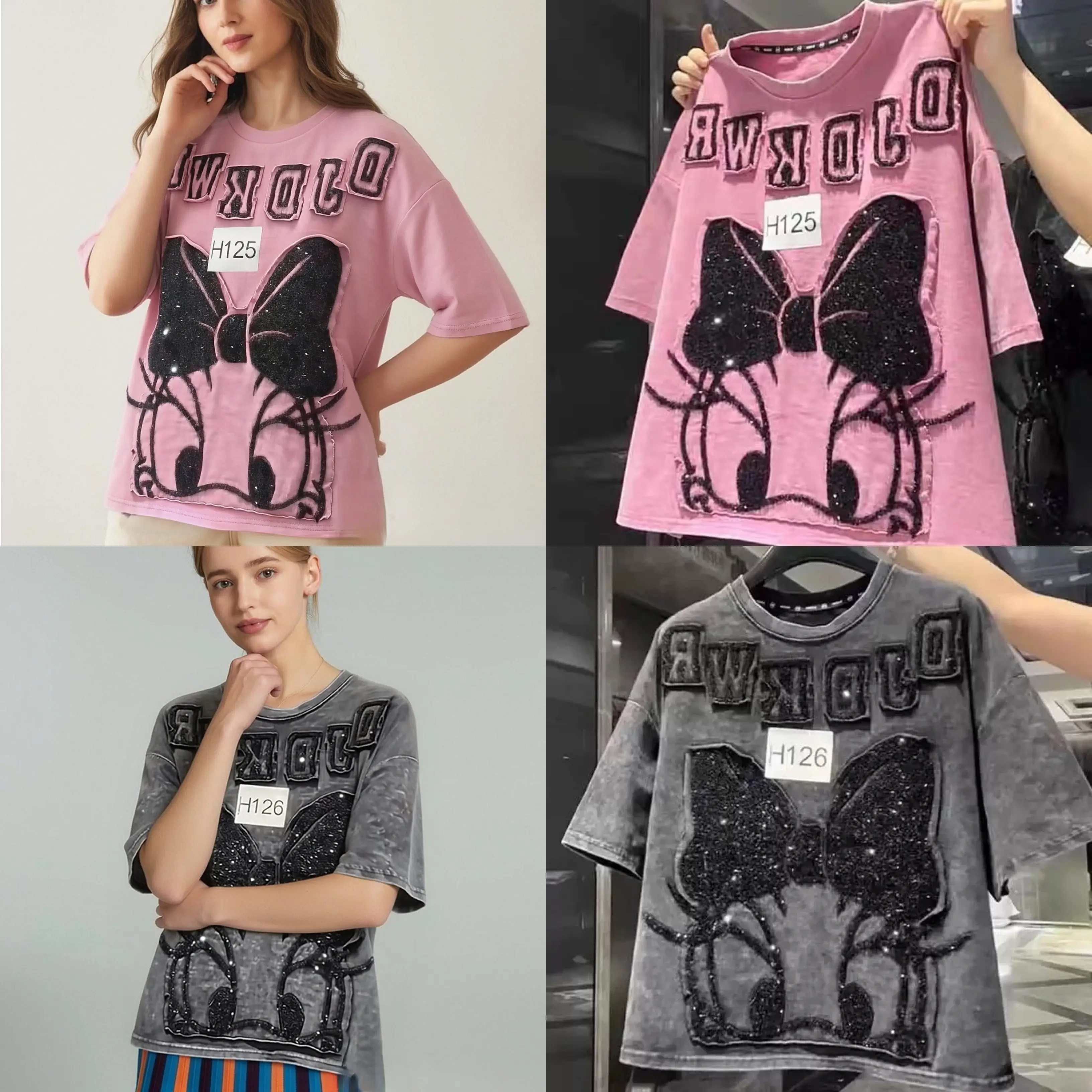 

European and American Heavy Industries Embroidered Patch Loose Cartoon Printed Short sleeved T-shirt Top