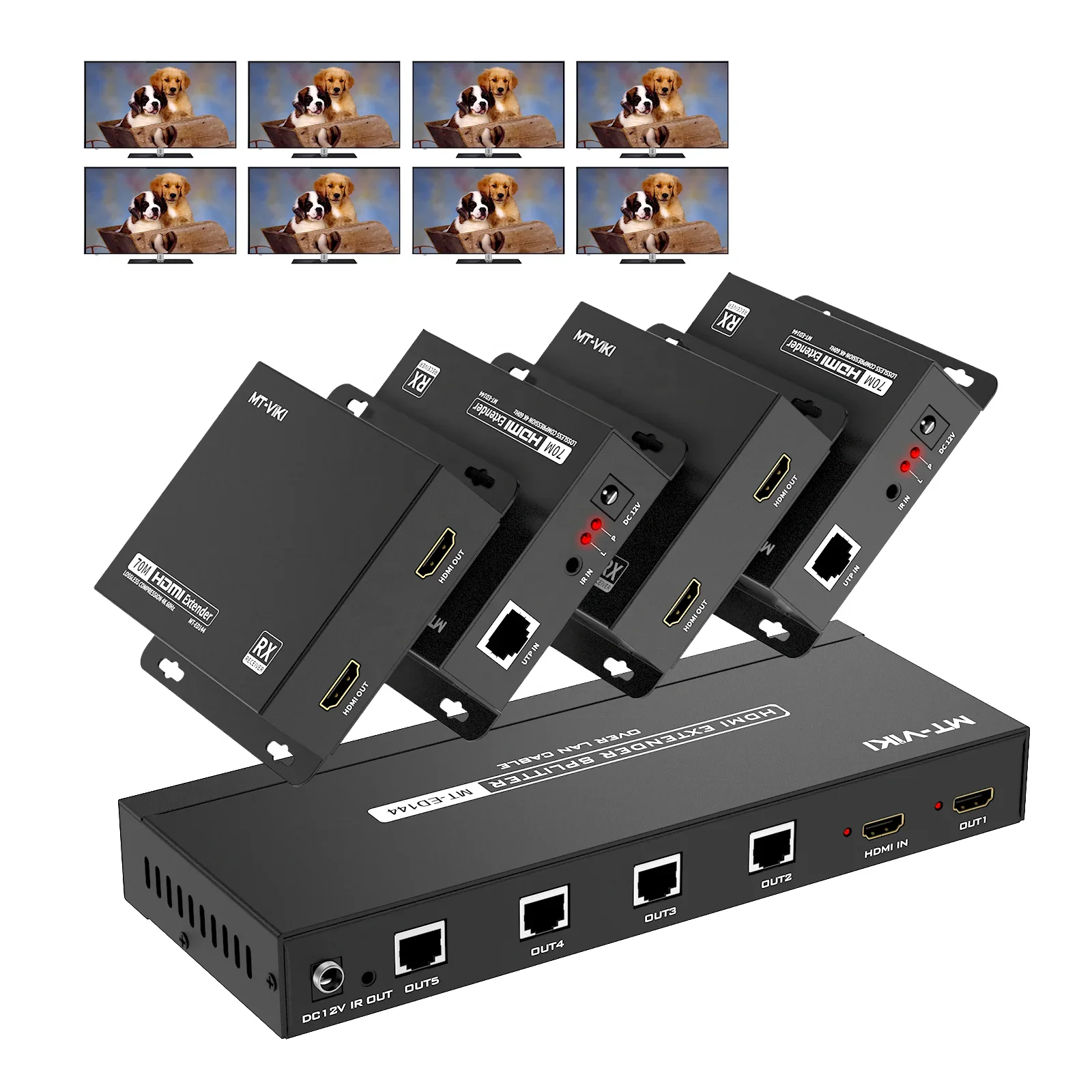 

4K 60Hz Extender Splitter over ethernet 1x4, MT-VIKI 1 in 4 out Splitter Extender over Cat6 POC + Loop 70M