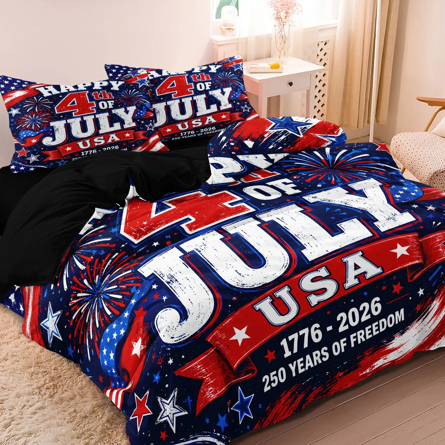 3 Pieces USA Anniversary Print Duvet Cover Set, Retro Distressed Red Star Firework Brush Stroke Patriotic Print Bedding