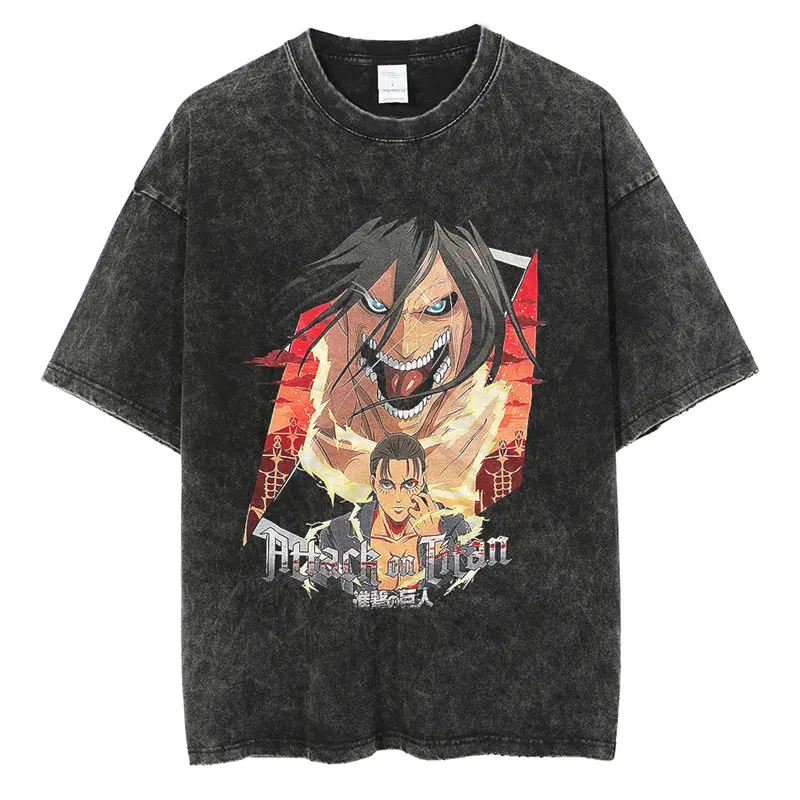 

Attack on Titan Eren Yeager Dual Form Rage Acid Wash Oversized Black T 2026 Summer Streetwear Anime Graphic Tee for Men Women
