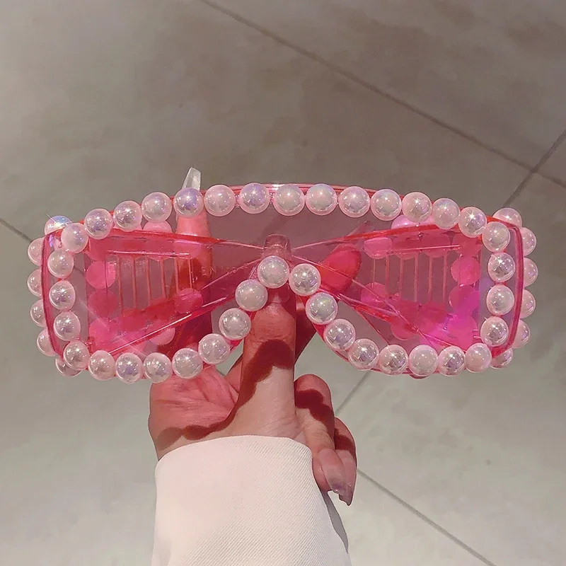 KAMMPT Women Chic Pearls Warp Around Sun Glasses Stylish Candy Color Decor Shades Original Brand Design Travel Holiday Goggle