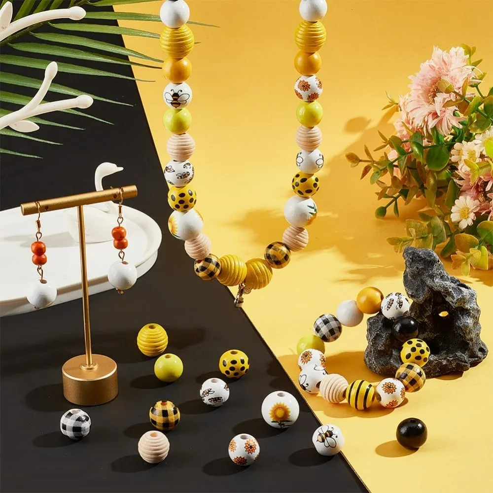 192pcs 14 Styles Sunflower Wooden Beads 16mm Bee Loose Round Beads Colorful Painted Wood Beads Yellow Bead for Summer Christmas