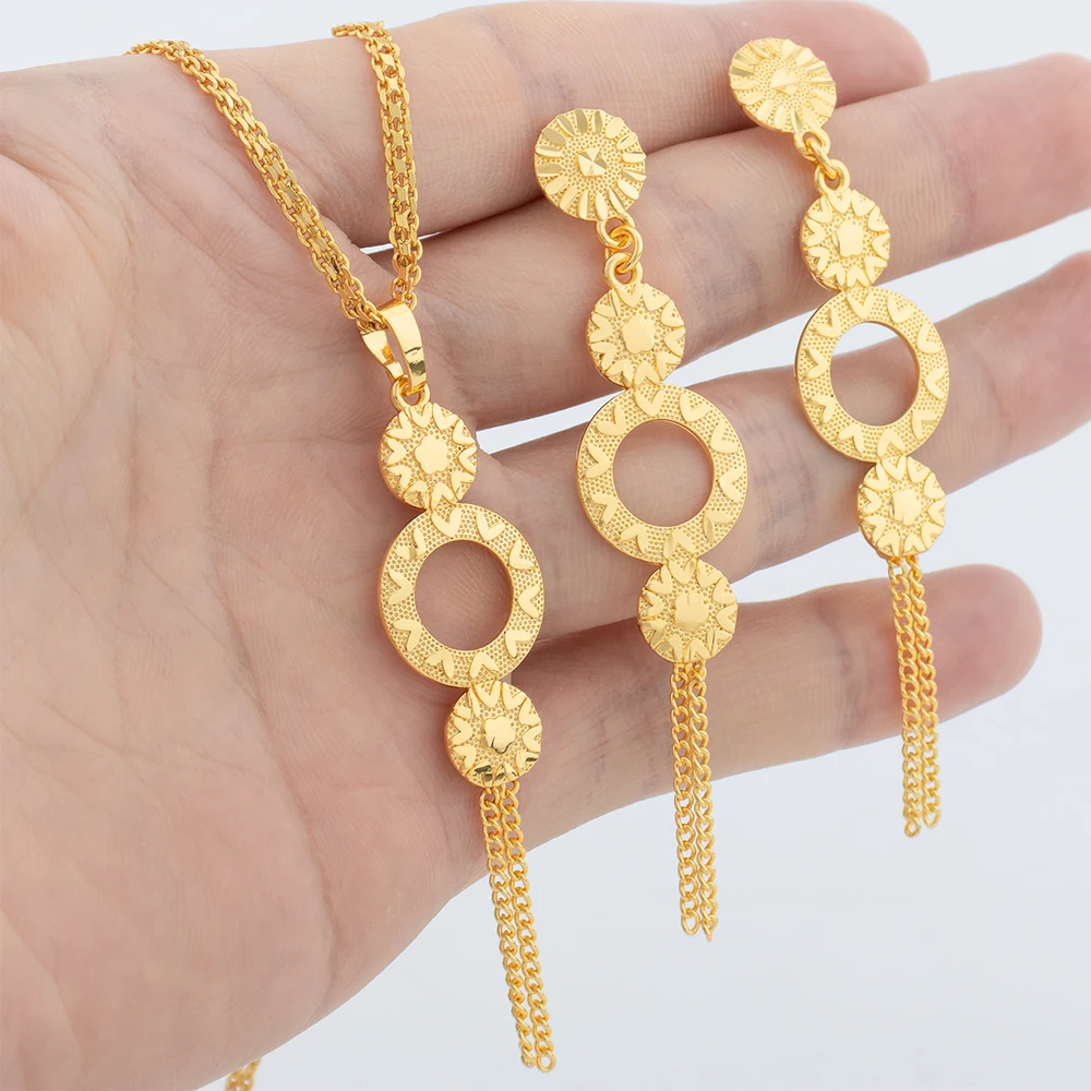 2Pcs Round Beads Jewelry Set Gold Color Necklace Copper Drop Earrings For Women Simple Lucky Pendant Gift Jewelry Accessories