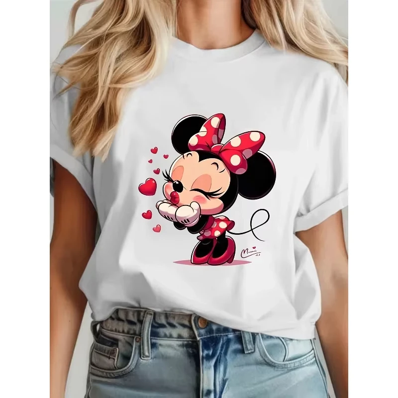 

Женская футболка с рисунком Микки и Минни Диснея, белая повседневная футболка с короткими рукавами и круглым галстуком, забавная футболка с принтом, свободный топ