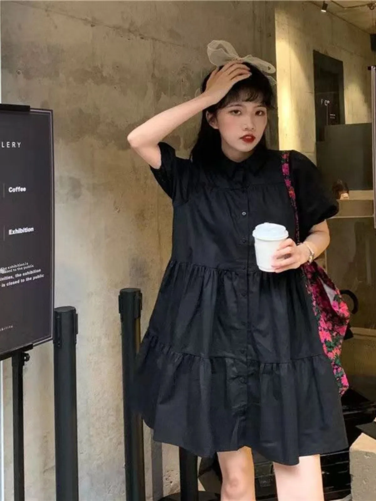 Sweet Bubble Sleeve Shirt Dress Loose Waisted Doll Style First Love Summer Korean Version Forest System Midi Dress for Women