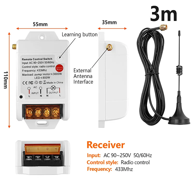 Mando a distancia RF433 MHz, 3000m, 30A, 220V, CA, interruptor de bomba de agua, Control remoto inalámbrico RF, receptor de Radio, 1KM, 3KM, 5KM