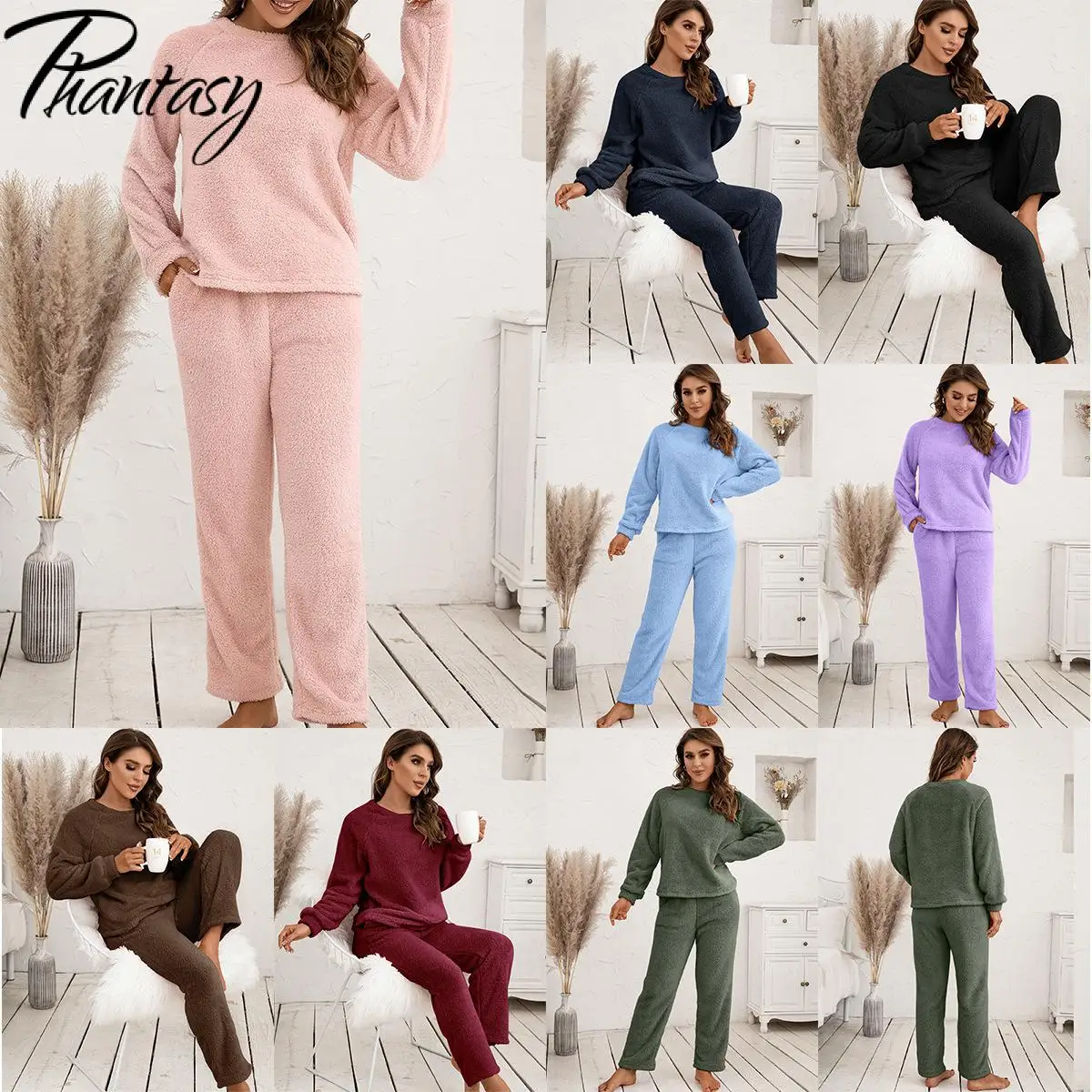 

Phantasy модный женский короткий плюшевый пижамный комплект из 2 предметов, однотонный топ с длинными рукавами и длинные брюки, простая удобная одежда 2025