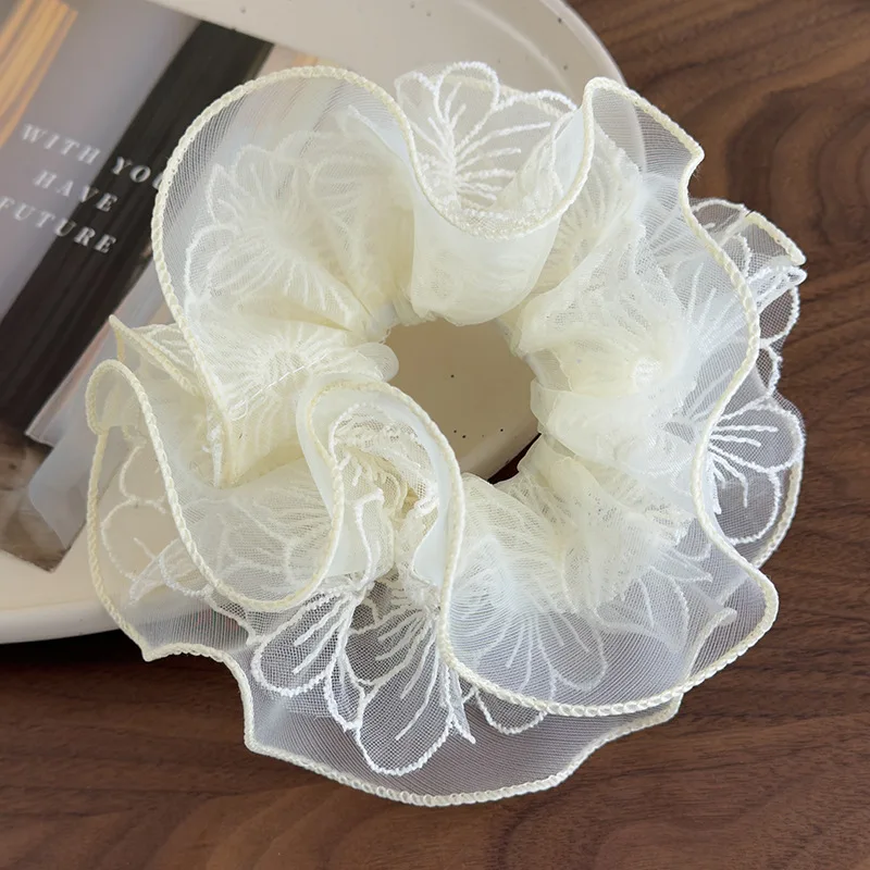 Beige 3D Organza Flower Lace Hair Scrunchie Double Layer Ruffled Elastic Ponytail Holder for Women Premium Elegant Daily Use