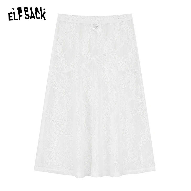 ELFSACK 2024 summer new arrival picnic travel vacation holiday soft comfortable fitted Lace layered half skirt tied gauze skirt