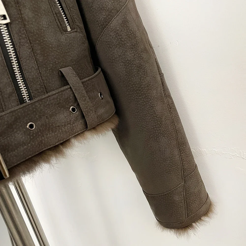 OFTBUY Neuer Winter-Pelzmantel für Damen, Kurze Motorradjacke, Wildleder, Echtes Kaninchenfell, Großer Pelzkragen, Gürtel, Vintage-Kleidung – Detail 5