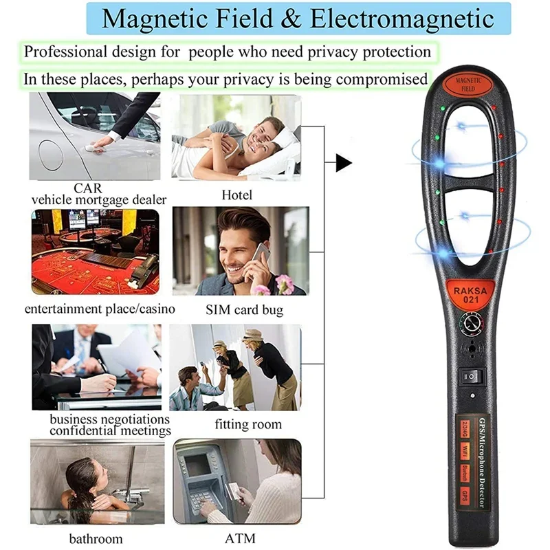 Rilevatore di segnale GPS per auto wireless con scanner di sicurezza portatile Raksa 021 per rilevare segnale RF wireless e rilevatore di magneti