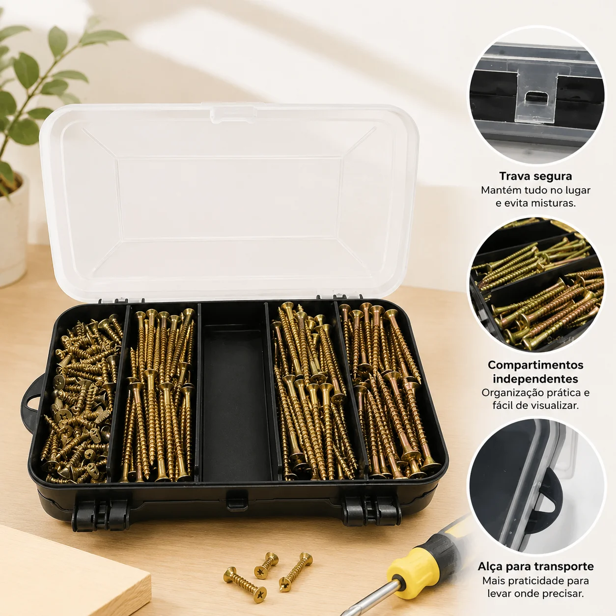 Kit com 300 Parafusos para Madeira com Buchas de Nylon em Maleta Prática para Oficina e Construção