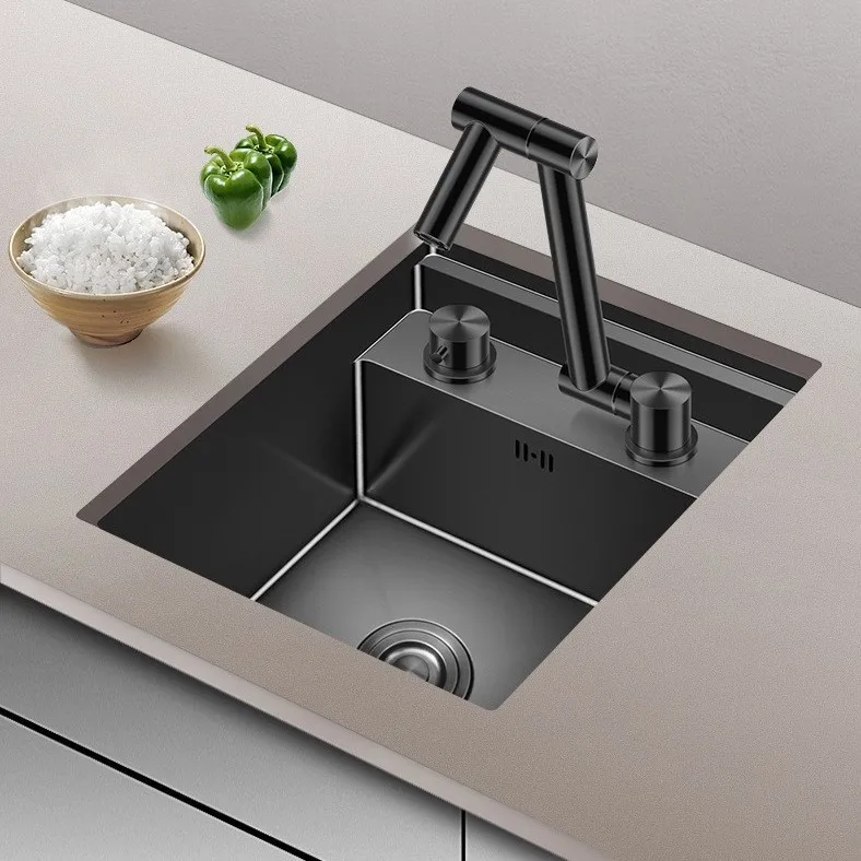 Kitchen 304 Stainless Steel Hidden Small Single Slot Sink, Island Bar with Cover, Invisible Folding Faucet Sink 35cmx45cm