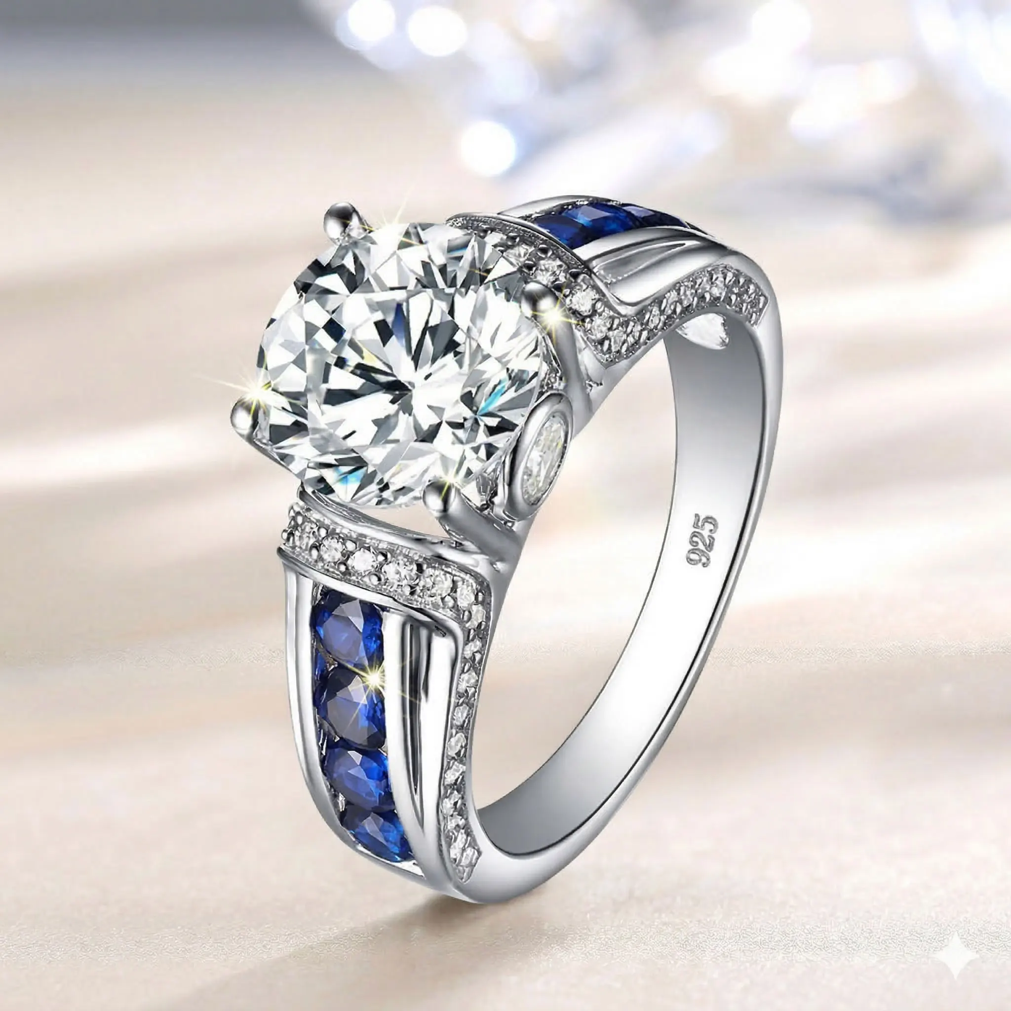 3ct Royal Blue Moissanite Ring, 925 Sterling Silver Sapphire Accent Band, D Color VVS1 Moissanite Engagement Ring