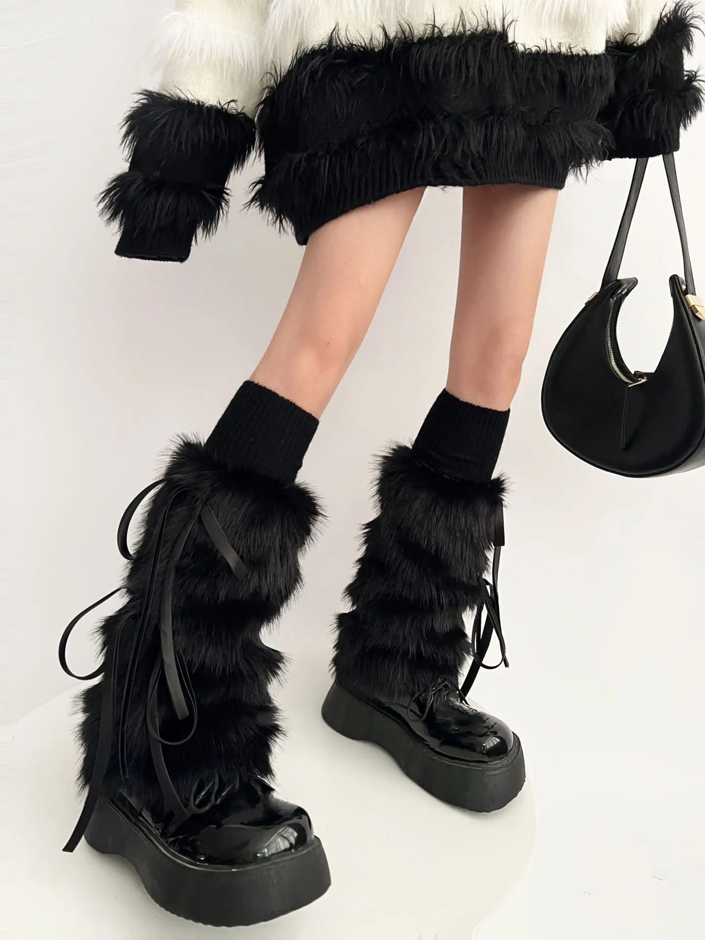 Popular Trend Fashiionable Cool Style Solid Color Pink Black Gray Faux Fur Leg Warmers With Bows Boot Covers Y2K Hiphop Hotgirl