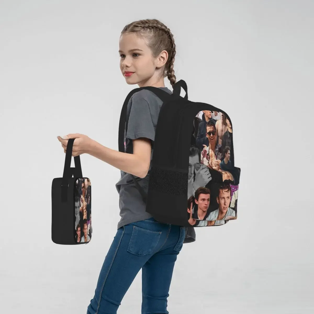 Tom Holland Collage Mochilas para meninos e meninas, mochilas escolares para estudantes, mochila dos desenhos animados, lancheira, caneta, conjunto de 3 peças