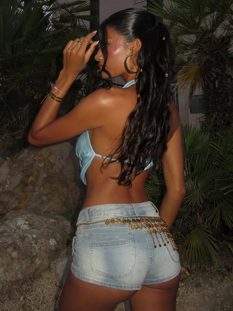 Camisola con cuello Halter de concha de gato extraño para mujer, camisola sin espalda con cuello oscilante de satén sedoso, ropa para discoteca de medianoche, camisetas sin mangas ajustadas para vacaciones en la playa