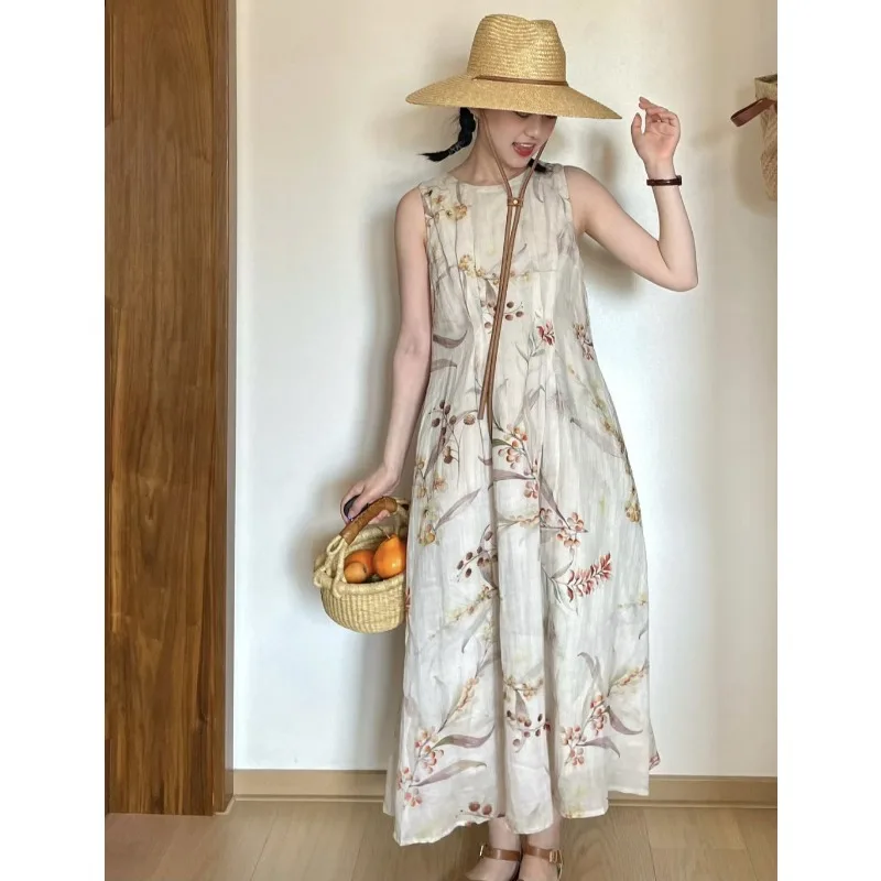 Plant-printed Dyed Ramie Loose Sunscreen Design Dress Literary Retro Women's Elegance Round Neck Sleeveless Leisure Long Skirt