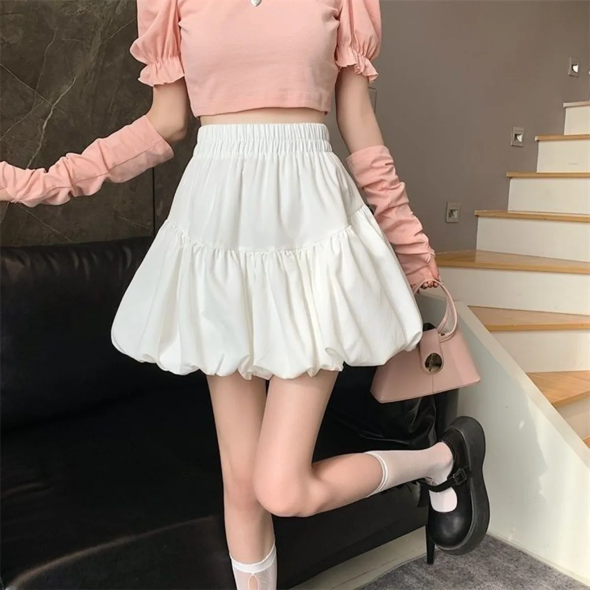 White Tiered Bubble Mini Skirt for Women, High Waist Puffy Cloud Cake Skirt with Built-in Shorts, Slimming Summer Skirt 2026