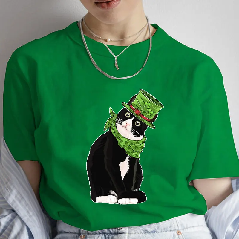 St Patrick's Day Print T-shirt Women Summer Short Sleeve T-shirts Cut Black Cat with Leprechaun Hat Funny Irish Fashion Tee Tops