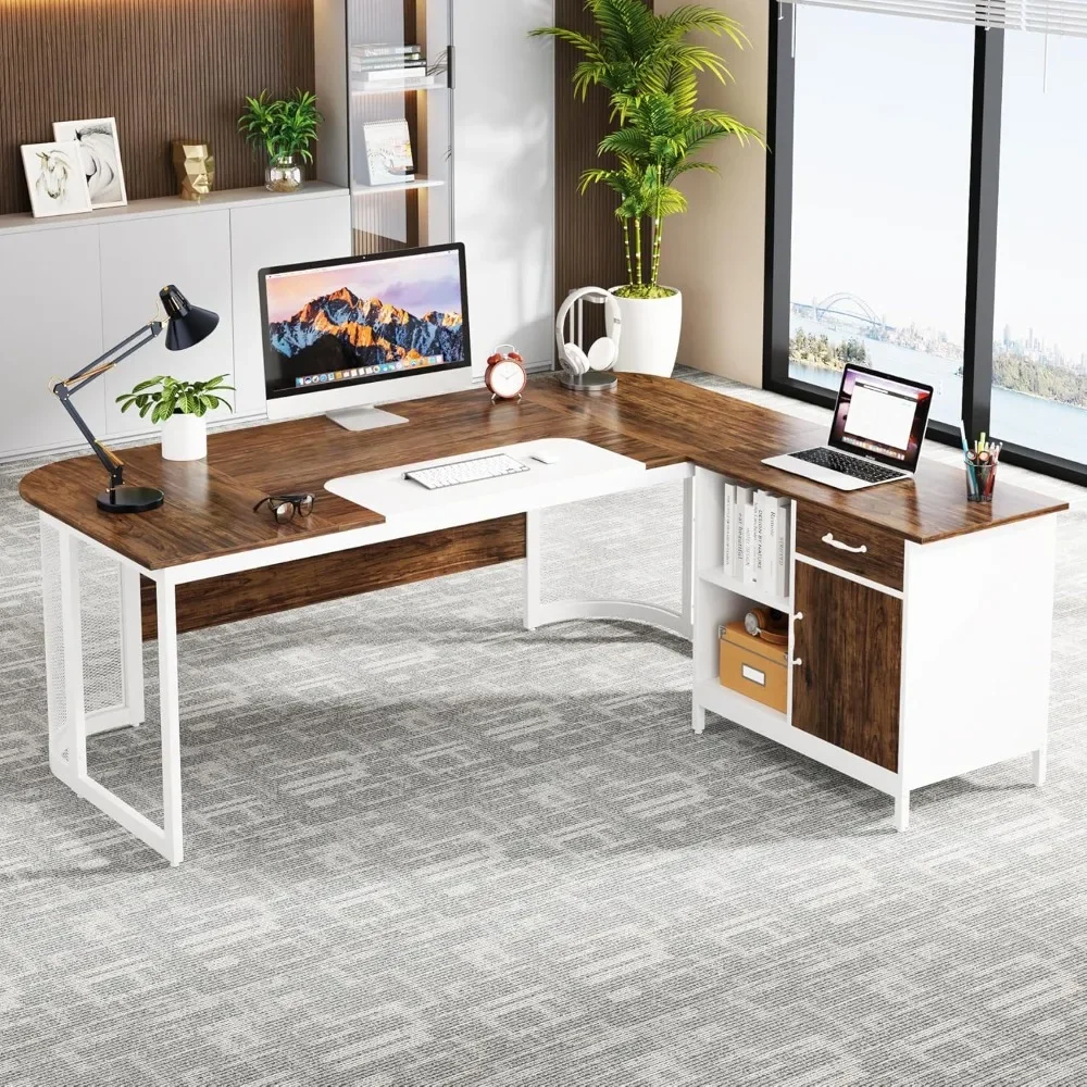 

Executive Desk, L-Shaped Desk with Drawer Cabinet, Large Corner Executive Office Desk with Storage Shelves, Business Furniture