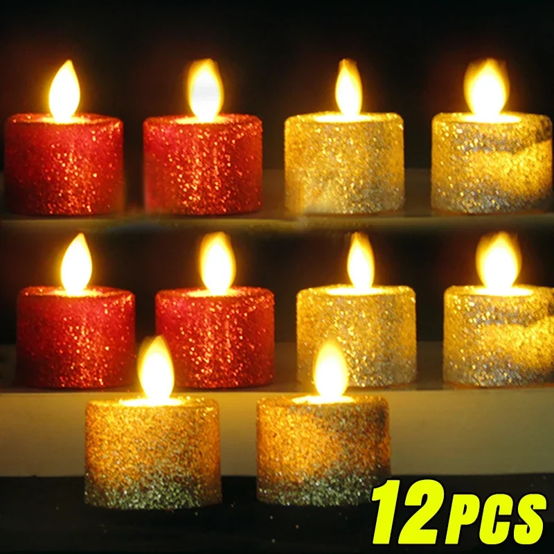 12/1Pcs Glitter LED Candle Light Flameless Battery Operated Tea Lights Romantic Candles Lamps New Year Party Decoration Supplies