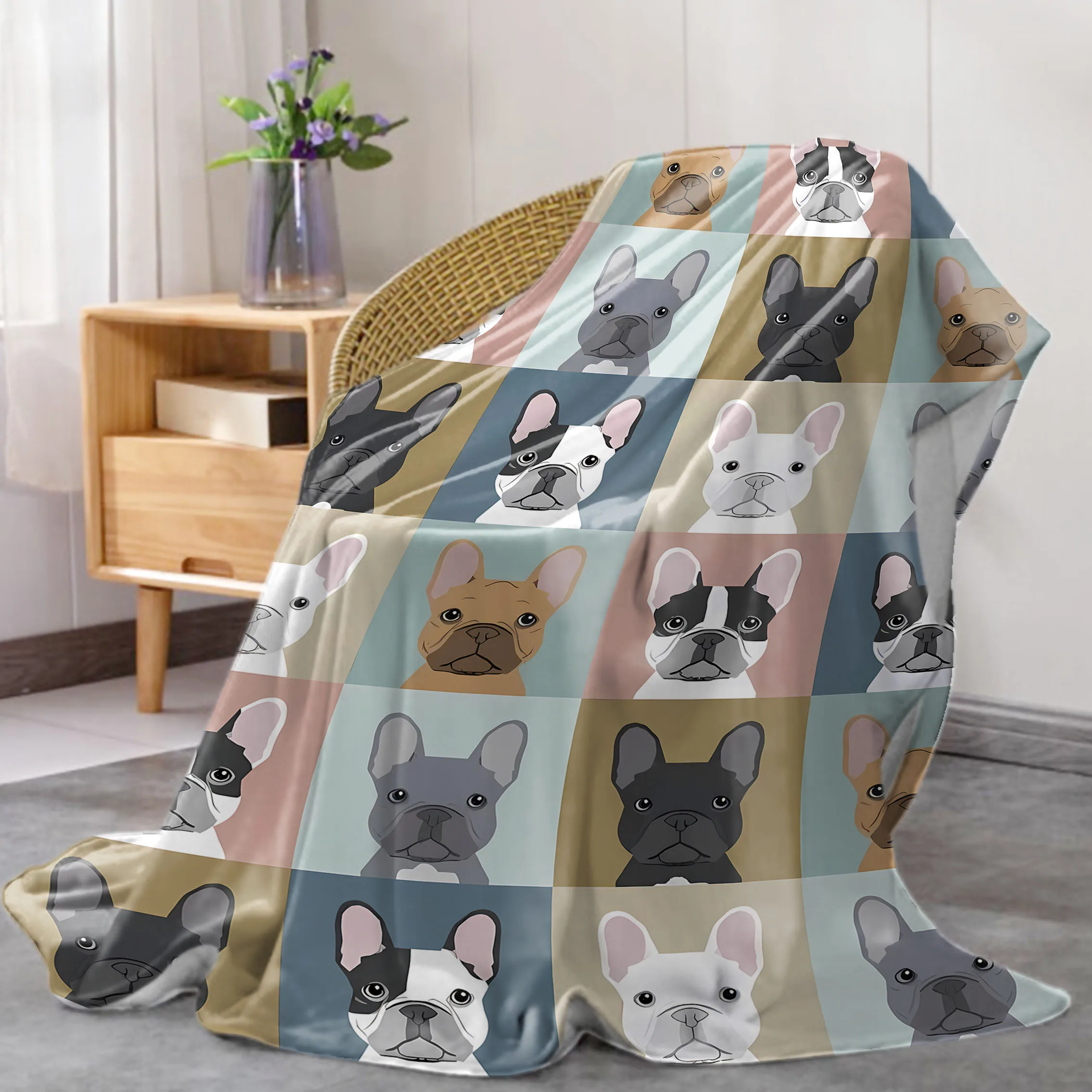 Cute French Bulldog Puppy Pattern Throw Blanket Cozy Pet Lover Gift for Dog Owners Home Decor