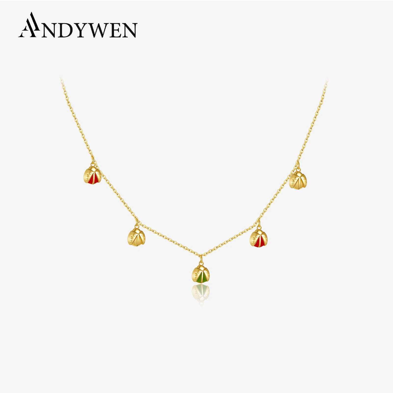 ANDYWEN 925 Sterling Silver Gold Joanne Ingrid Charm Long Chain Choker Beads Women Long Chain Wedding Jewelry Apple Red Enamel J