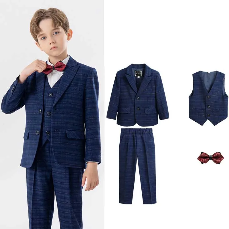 

Flower Boys Performance Costume Kids Jacket Vest Pants Bowtie 4PS Ceremony Photograph Suit Children Plaid Blue Piano Party Dress