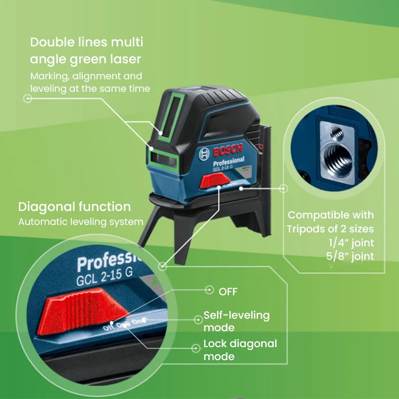 Profesjonalny poziom laserowy 2D 4Lines ,BOSCH GCL 2-15G, zielony instrument znakowania linii poprzecznej ,samopoziomujący poziom laserowy