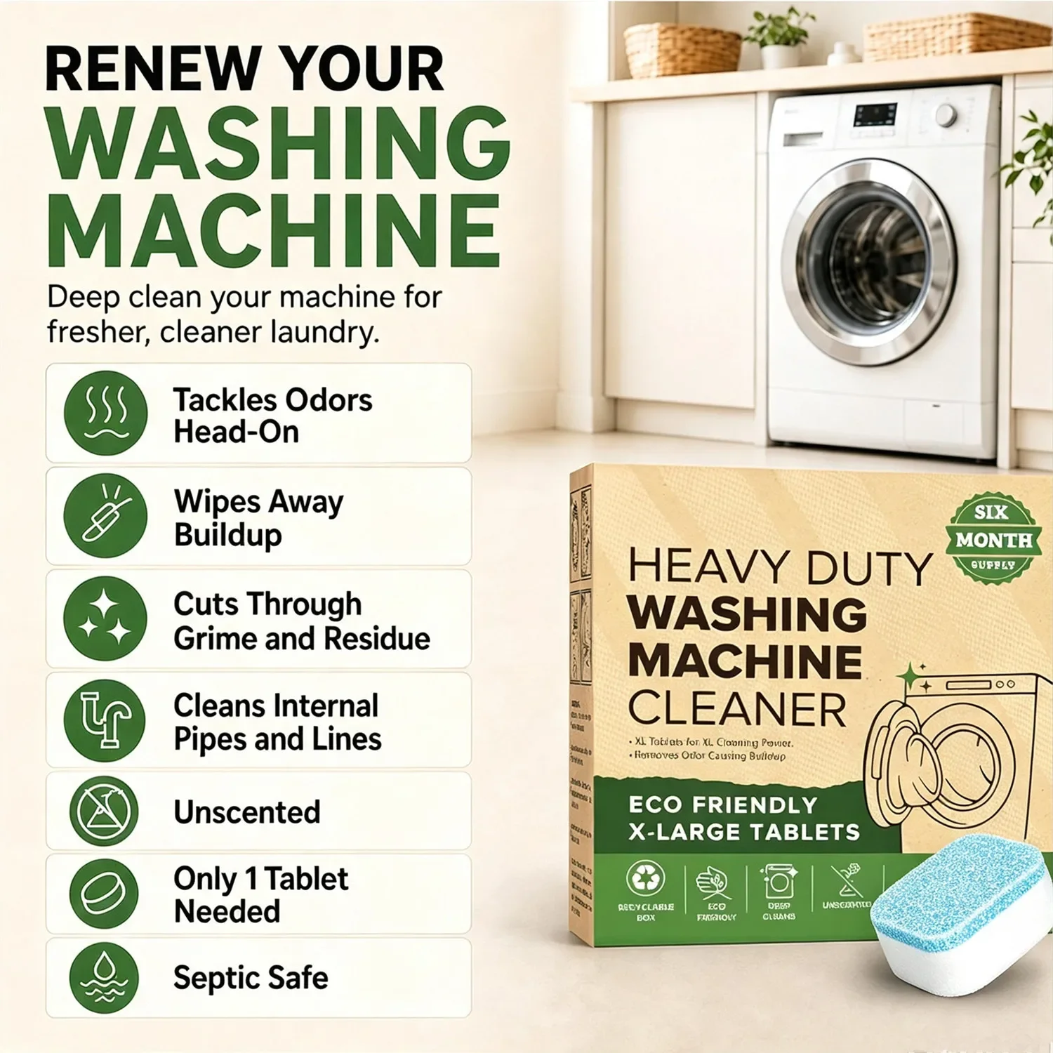 Heavy Duty Washing Machine Cleaner Descaler Deodorizer Tablets Deep Cleaning Tablets Remove Residue Grime Buildup Front Load