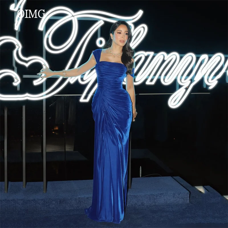 فستان سهرة OIMG Velvet باللون الأزرق الملكي حورية البحر بدون ظهر مطوي للحفلات بطول الأرض جاهز للحفلات حسب الطلب #1