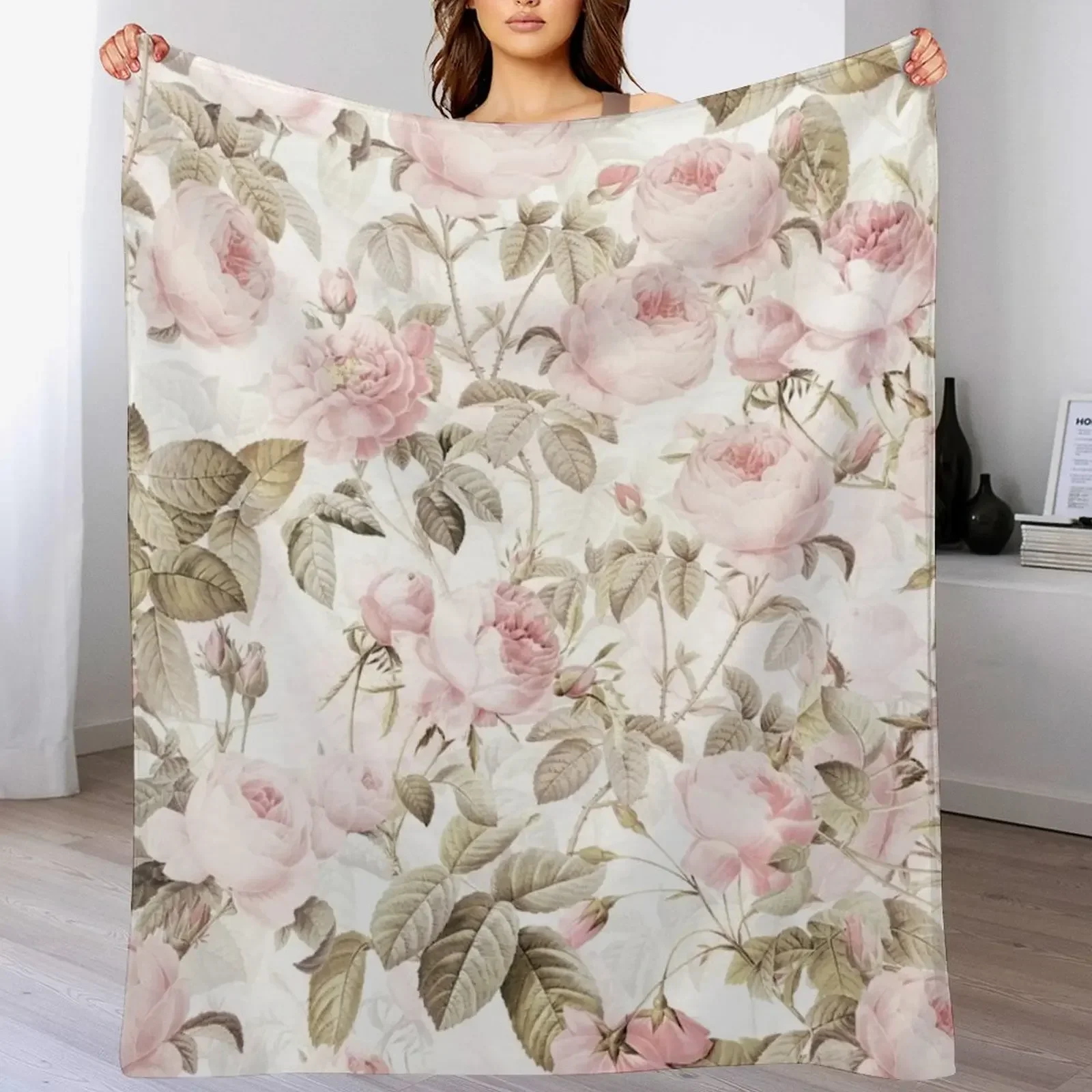 Sepia Old Vintage Roses on Pink Pattern Throw Blanket heavy to sleep Soft Beds Blankets