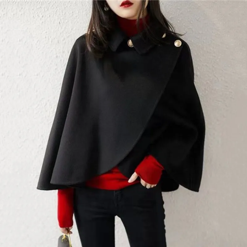 เสื้อโค้ทขนสัตว์ Longfengni สำหรับผู้หญิง สไตล์ผ้าคลุมไหล่ ฤดูใบไม้ร่วง ฤดูหนาว รุ่นใหม่ เสื้อคลุมขนสัตว์สั้นเล็ก ดีไซน์เรียบหรู สบายๆ ใช้งานได้หลากหลาย